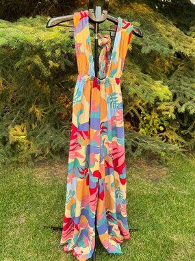 🌺 NWOT Bali ELF Tropical Print Gaia Infinity Convertible Wide Leg Jumpsuit